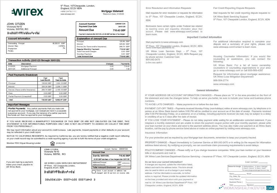 Download UK Wirex mortgage statement in Word and PDF formats Photoshop template